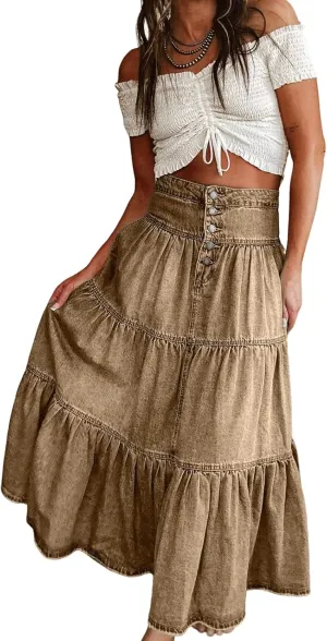 CHARTOU Women's High Waist Tiered Denim Maxi Skirt Ruffle Buttons Flowy Boho Pleated Long Jean Skirts