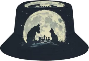 Chess Player Chess Board Dog Cat Bucket Hat Lightweight Fishing Hat Wide Brim Sun Protection Cap for Men Women