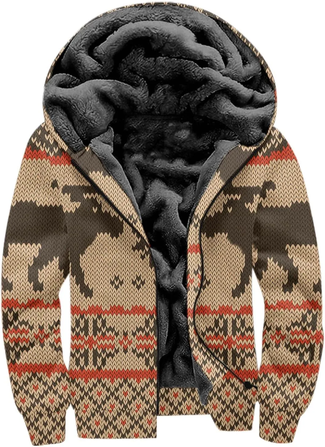 Christmas Hoodies for Men Fleece Lined Xmas Deer Snowman Digital 3D Print Zipper Cardigan Coat Thermal Winter Outwear