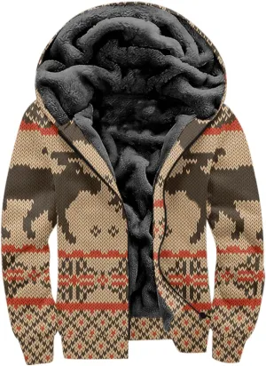Christmas Hoodies for Men Fleece Lined Xmas Deer Snowman Digital 3D Print Zipper Cardigan Coat Thermal Winter Outwear