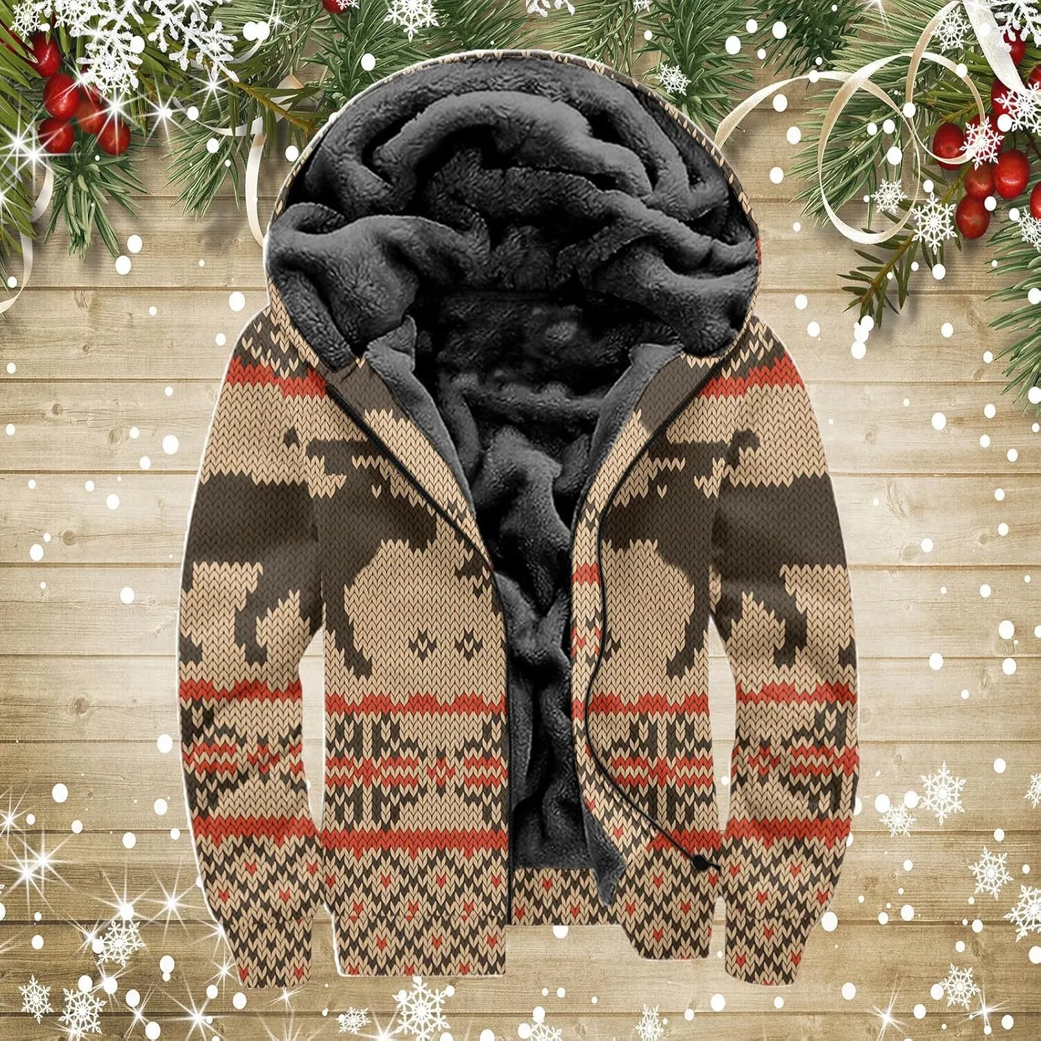 Christmas Hoodies for Men Fleece Lined Xmas Deer Snowman Digital 3D Print Zipper Cardigan Coat Thermal Winter Outwear