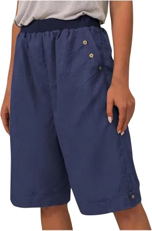 Cotton Bermuda Shorts for Women Knee Length Elastic High Waisted Shorts Plus Size Workout Casual Summer Beach Shorts