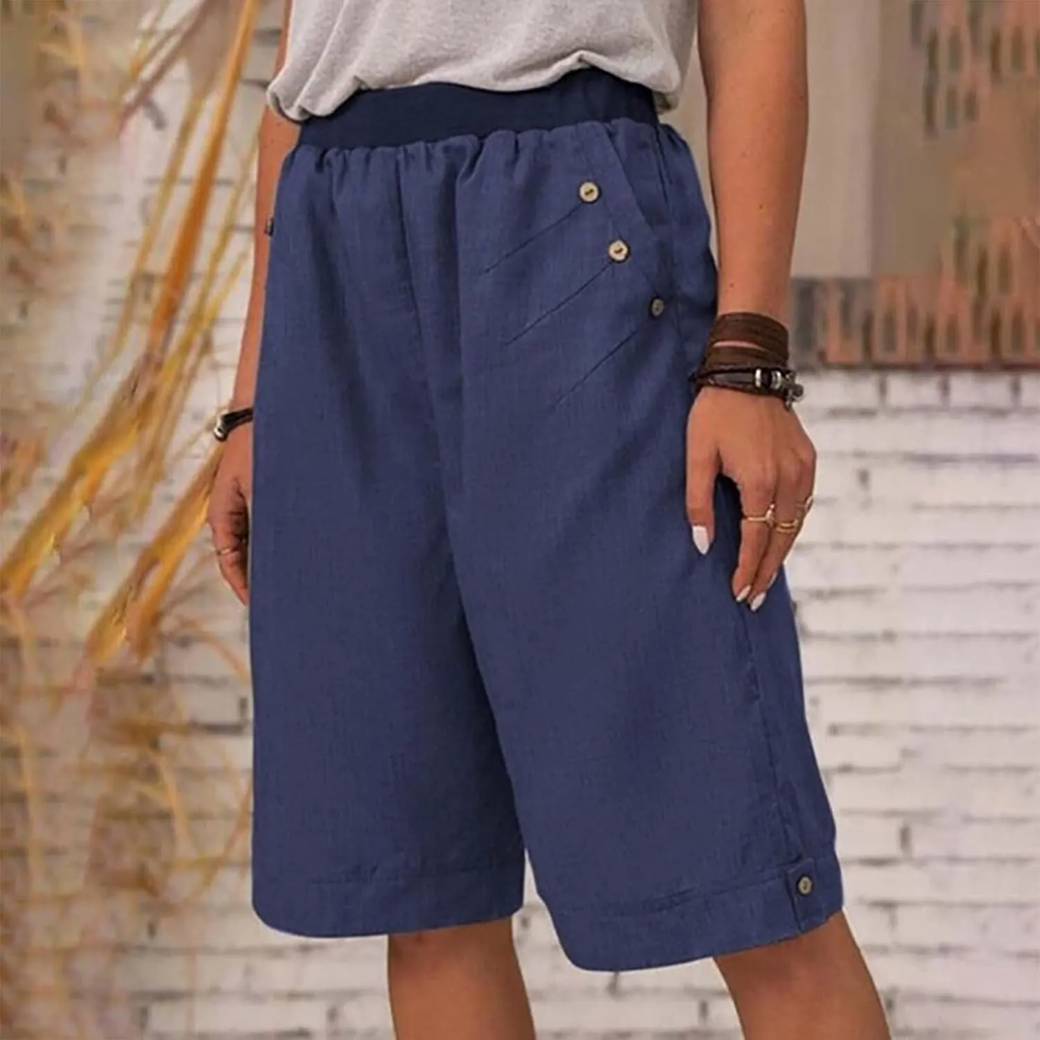 Cotton Bermuda Shorts for Women Knee Length Elastic High Waisted Shorts Plus Size Workout Casual Summer Beach Shorts
