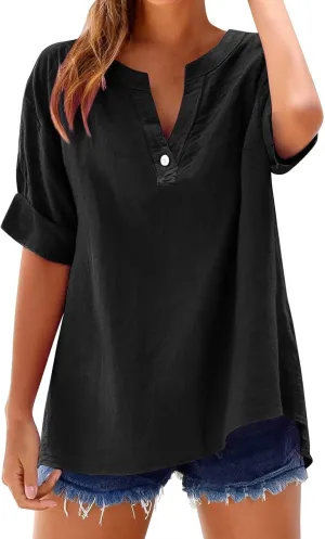 Cotton Linen Shirts for Women V Neck Button Down Blouse Loose Fit Oversized T Shirts Short Sleeve Casual Tops 2025
