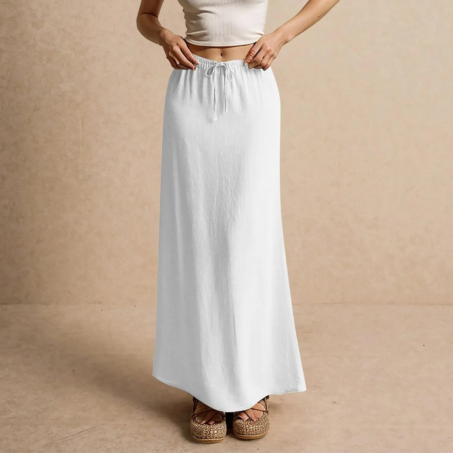 Cotton Linen Skirts for Women Maxi Length Summer Skirts Drawstring Low Rise A-Line Casual Loose Flowy Long Beach Skirt
