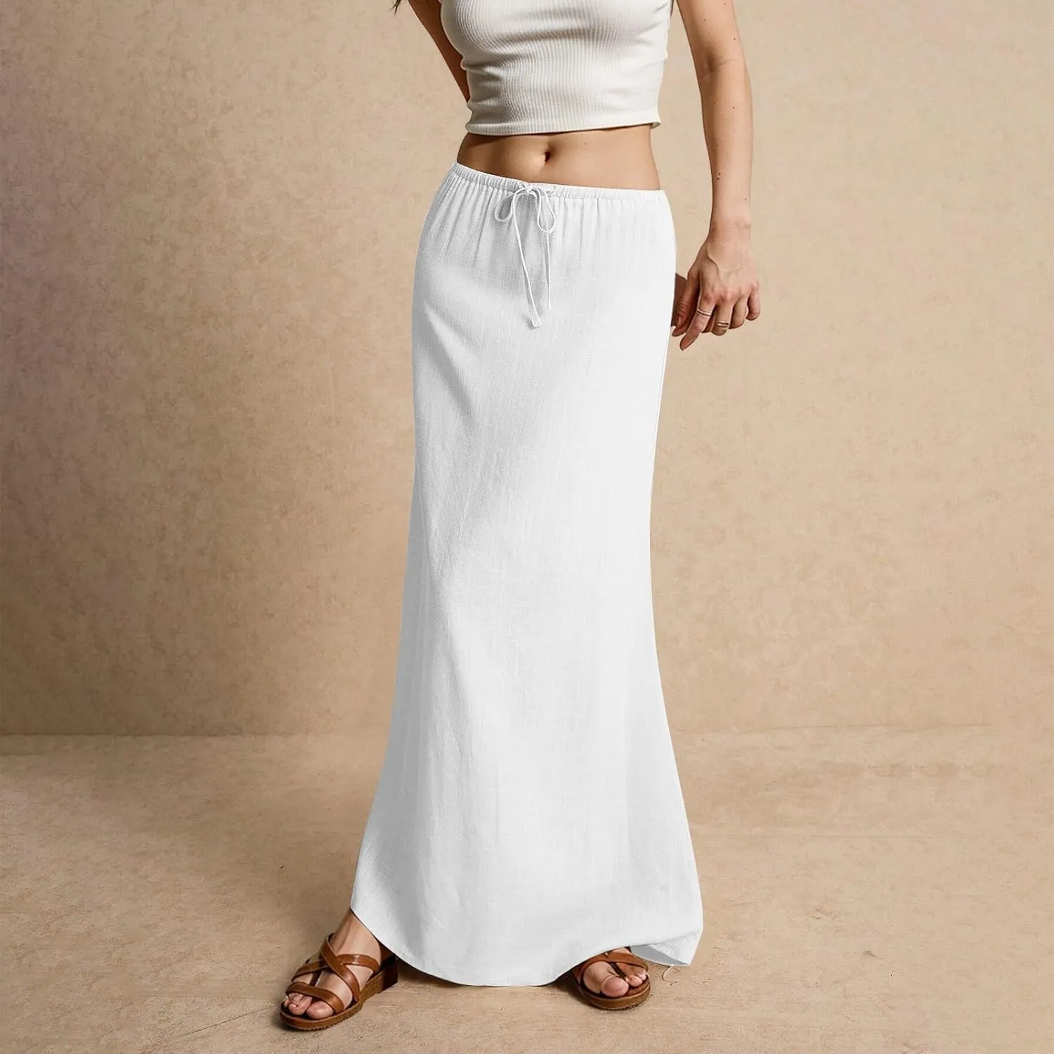 Cotton Linen Skirts for Women Maxi Length Summer Skirts Drawstring Low Rise A-Line Casual Loose Flowy Long Beach Skirt
