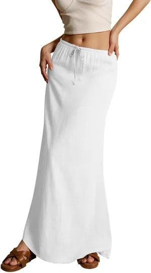 Cotton Linen Skirts for Women Maxi Length Summer Skirts Drawstring Low Rise A-Line Casual Loose Flowy Long Beach Skirt