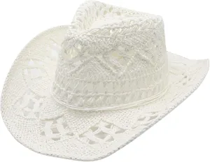 Cowboy Hats for Women Wide Brim Straw Sun Hats Western Retro Solid Bucket Hats Summer Hollow Breathable Travel Hats