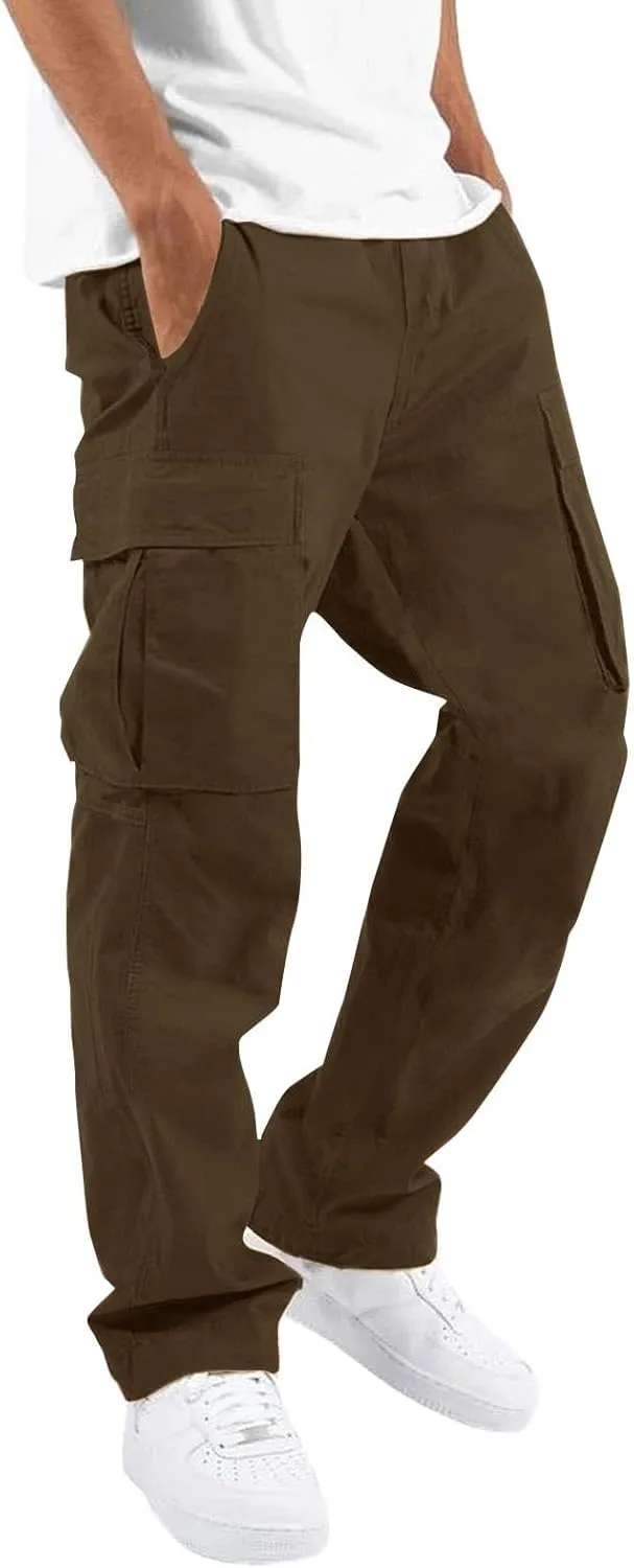CRNTCEM Mens Casual Straight Cargo Pants Lightweight Elastic Waisted Workout Work Sweatpants Cozy Military Tactical Trousers