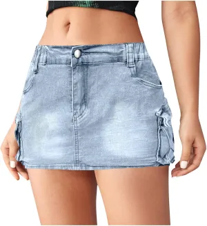 Denim Cargo Skirt Women Button Mini Skirt with Pockets Y2k Bodycon 2025 Trendy Jean Short Skirts