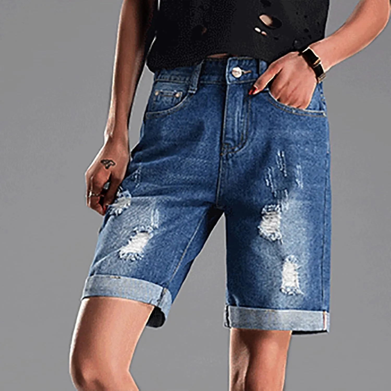 Denim Shorts for Thick Thighs Womens Jeans Casual Summer High Waisted Stretchy Denim Hot Ripped Shorts