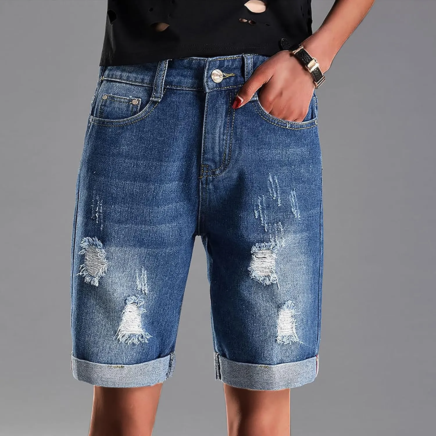 Denim Shorts for Thick Thighs Womens Jeans Casual Summer High Waisted Stretchy Denim Hot Ripped Shorts