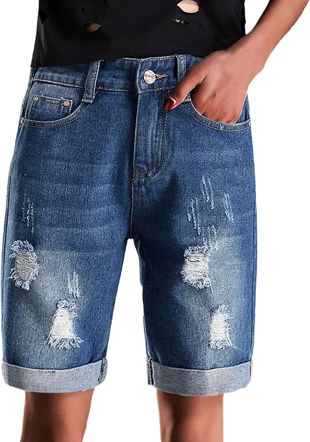Denim Shorts for Thick Thighs Womens Jeans Casual Summer High Waisted Stretchy Denim Hot Ripped Shorts
