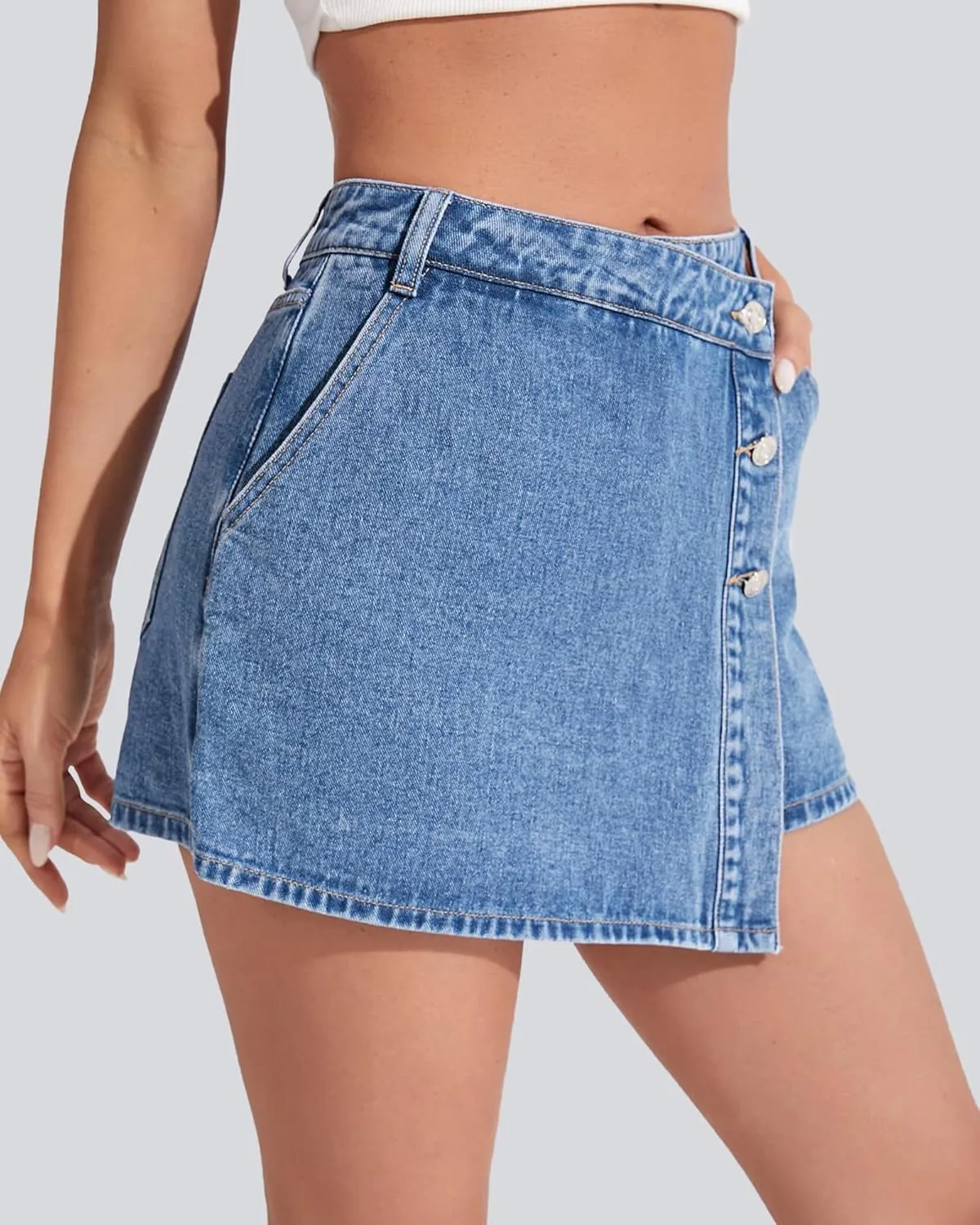 Denim Shorts Women Casual High Waisted Solid Button Up Asymmetrical Denim Jean Skort Skirt Mini Shorts.