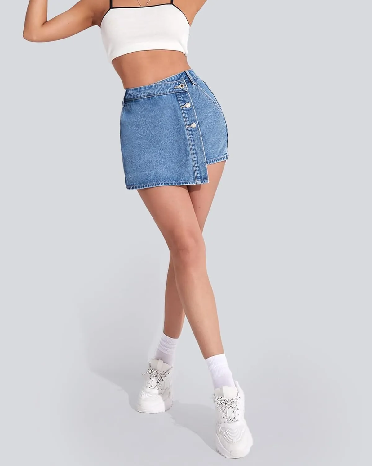 Denim Shorts Women Casual High Waisted Solid Button Up Asymmetrical Denim Jean Skort Skirt Mini Shorts.