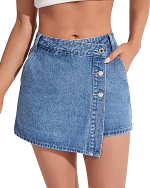 Denim Shorts Women Casual High Waisted Solid Button Up Asymmetrical Denim Jean Skort Skirt Mini Shorts.