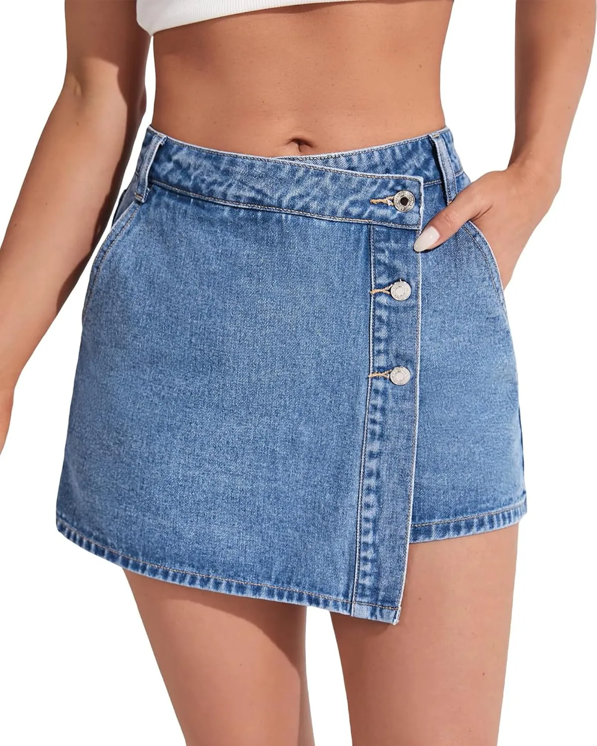 Denim Shorts Women Casual High Waisted Solid Button Up Asymmetrical Denim Jean Skort Skirt Mini Shorts.