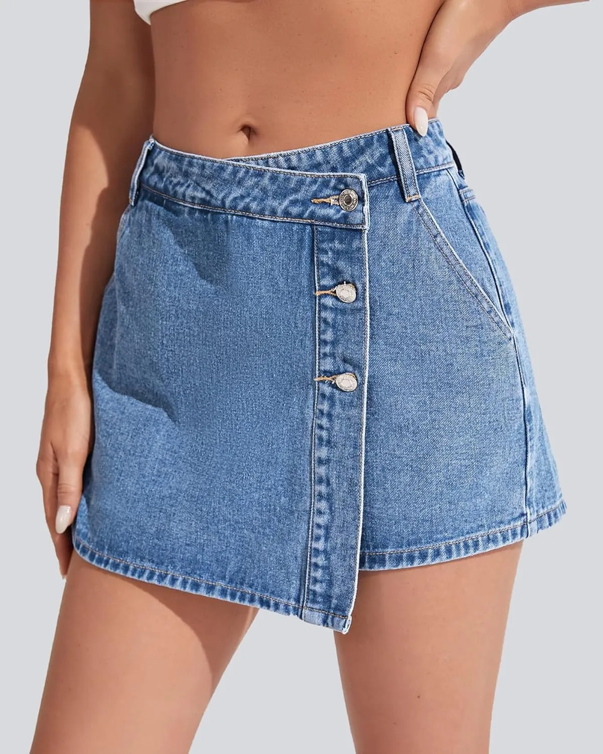 Denim Shorts Women Casual High Waisted Solid Button Up Asymmetrical Denim Jean Skort Skirt Mini Shorts.