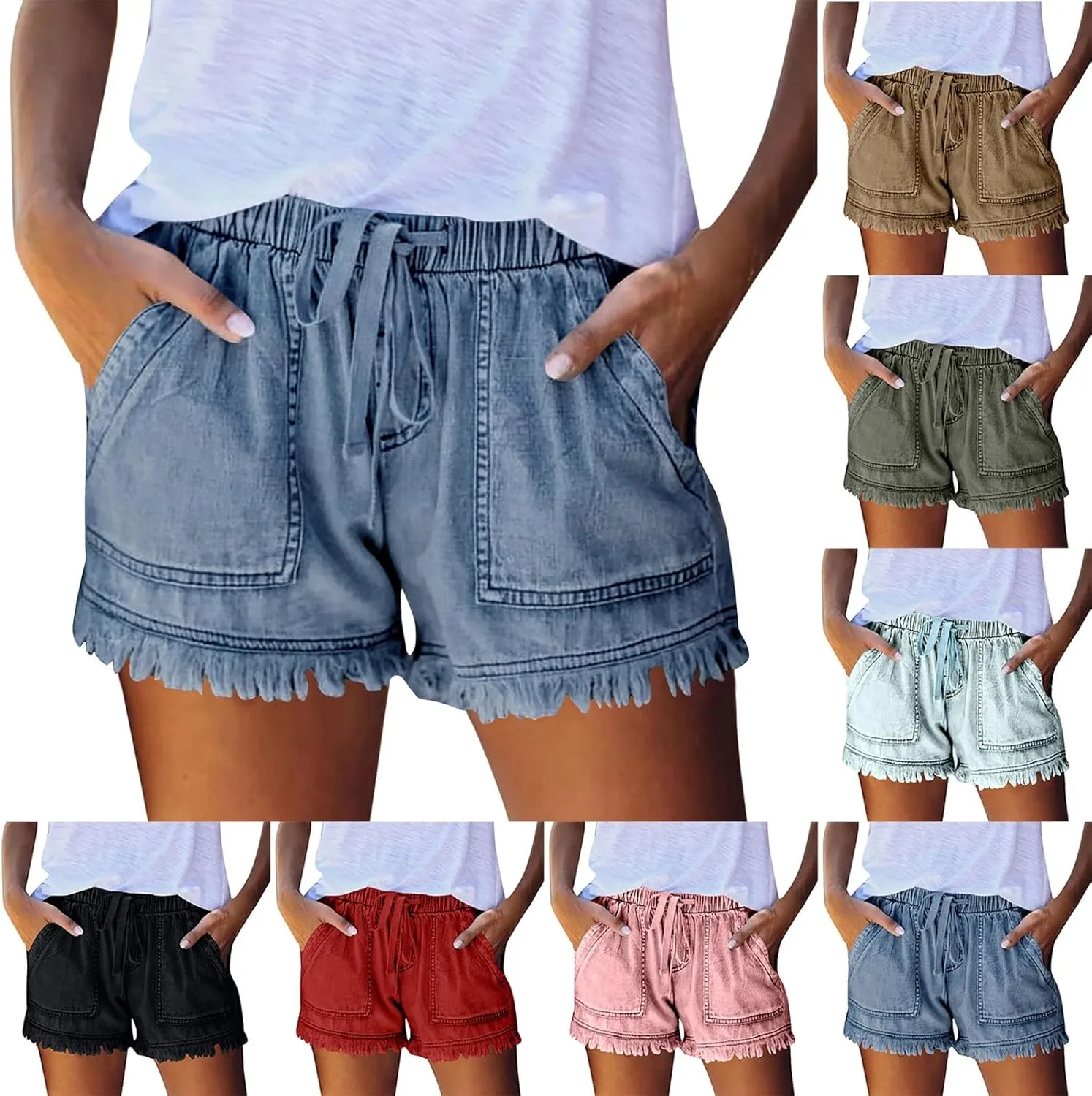 Denim Shorts Women High Waisted Stretch Drawstring Cut Off Jeans Shorts Baggy Comfy Cute Y2k Jean Shorts with Pockets