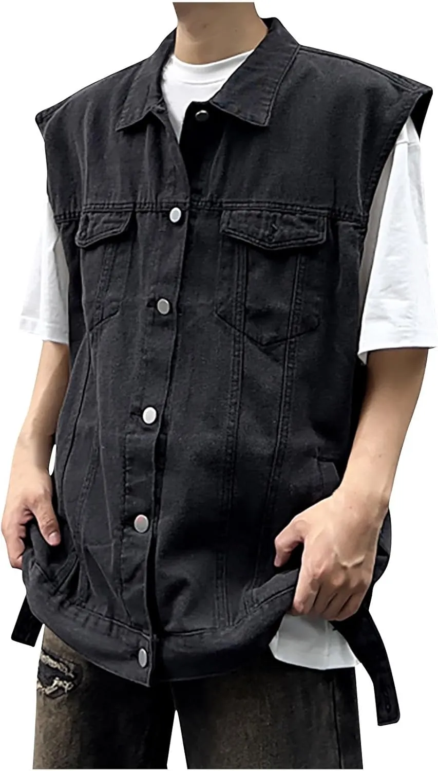 Denim Vests for Men Motorcycle Unlined Biker Plus Size Sleeveless Jean Vest Jackets Stylish Retro Fit Waistcoat