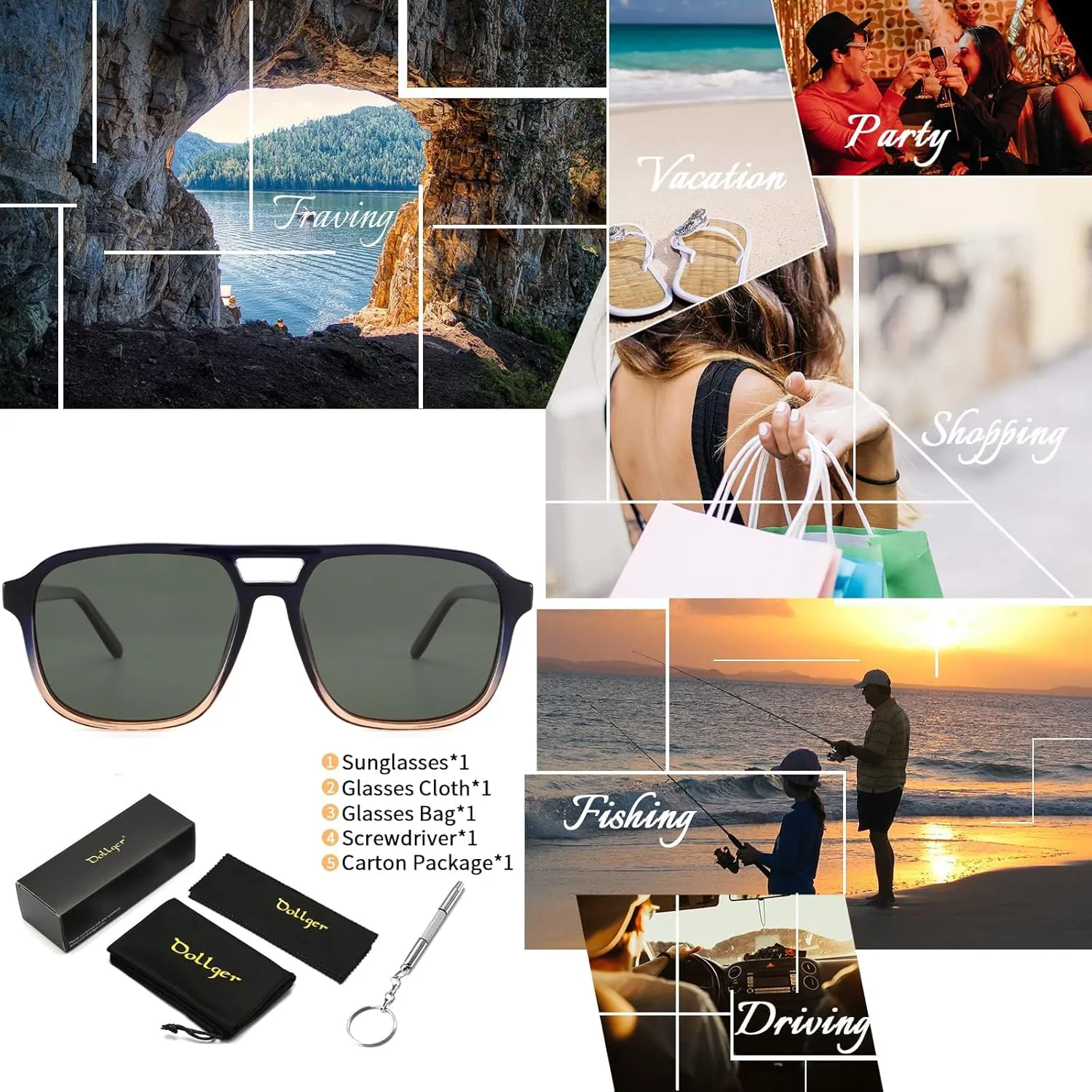 Dollger Retro Polarized Aviator Sunglasses for Men Women Vintage 70s Square Flat Pilot Shades Driving Fishing UV Protection
