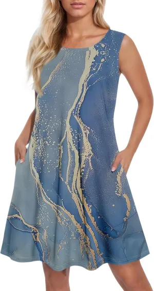 Dresses for Women Spring Tank Sundresses Sleeveless Short Dress Casual Fashion Summer Floral Flowy Dress with Pocket