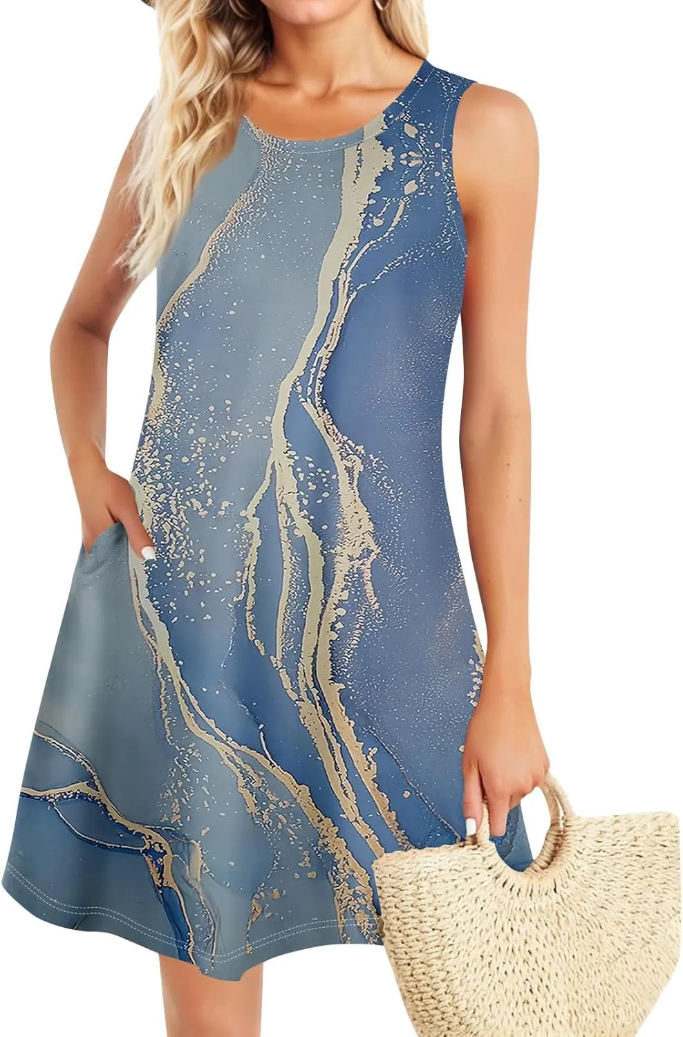 Dresses for Women Spring Tank Sundresses Sleeveless Short Dress Casual Fashion Summer Floral Flowy Dress with Pocket
