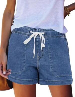 FEKOAFE Womens Stretchy Denim Shorts 2025 Summer Casual Drawstring Elastic Waist Jean Shorts with Pockets