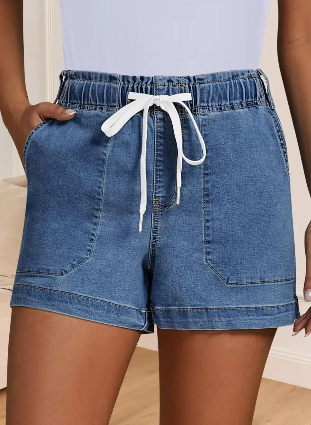 FEKOAFE Womens Stretchy Denim Shorts 2025 Summer Casual Drawstring Elastic Waist Jean Shorts with Pockets