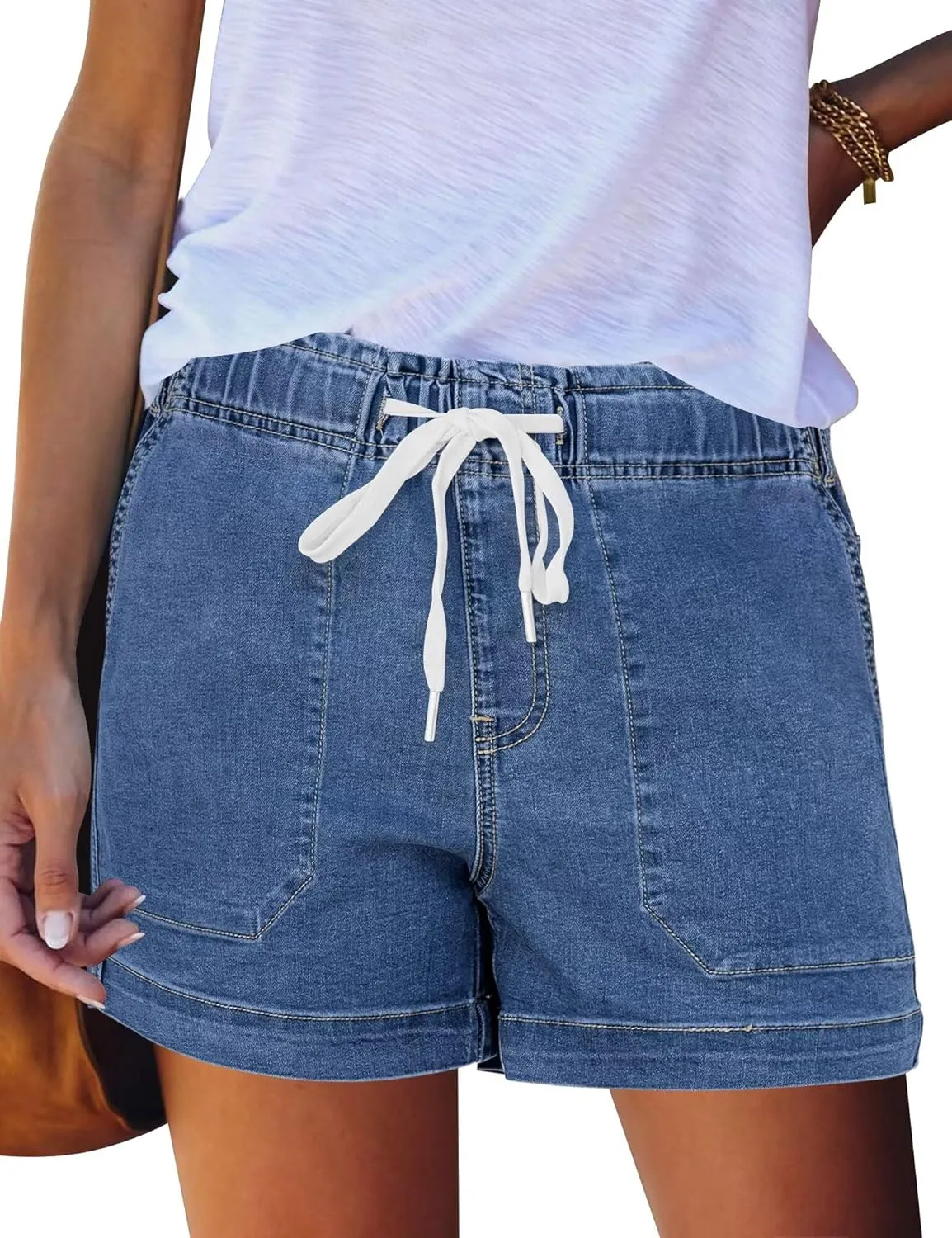FEKOAFE Womens Stretchy Denim Shorts 2025 Summer Casual Drawstring Elastic Waist Jean Shorts with Pockets