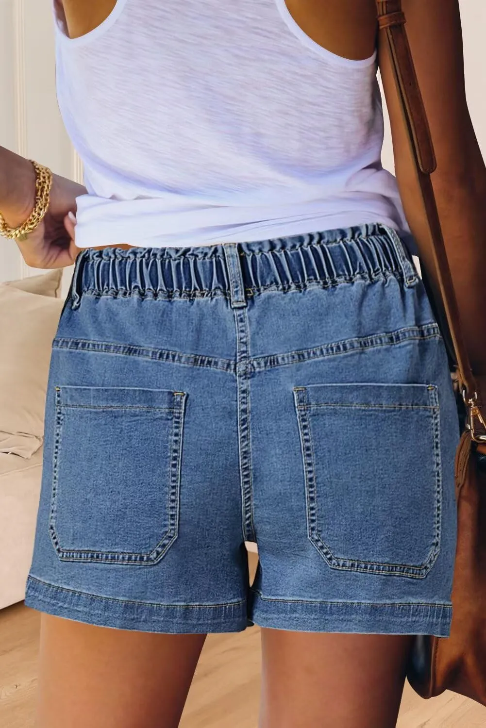 FEKOAFE Womens Stretchy Denim Shorts 2025 Summer Casual Drawstring Elastic Waist Jean Shorts with Pockets