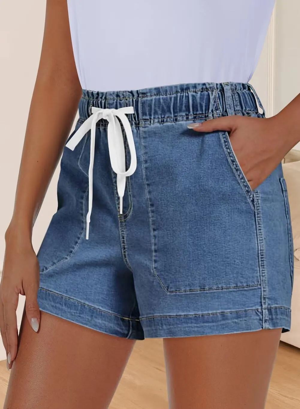 FEKOAFE Womens Stretchy Denim Shorts 2025 Summer Casual Drawstring Elastic Waist Jean Shorts with Pockets