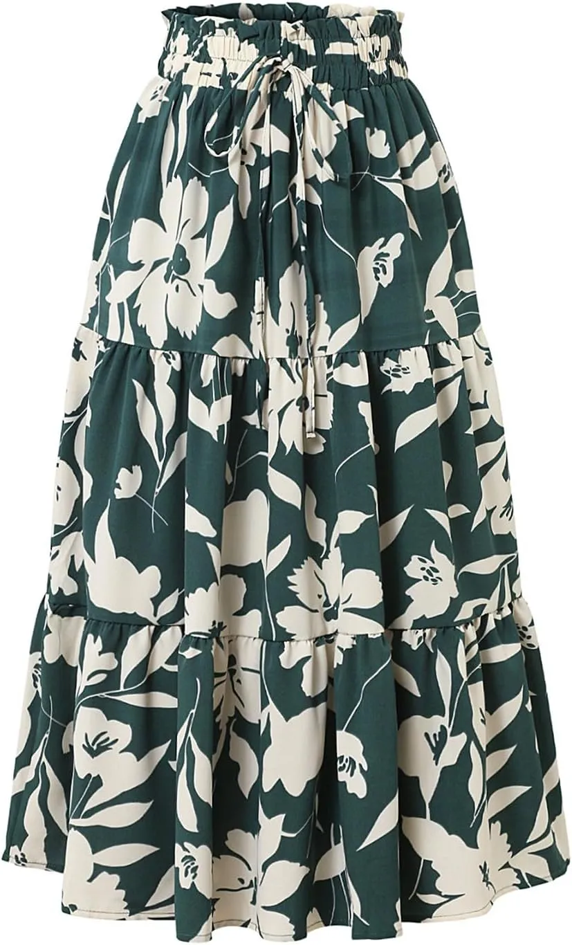 Floral Long Skirts for Women Summer Boho Beach Flowy Maxi Skirts Drawstring High Waisted Tiered Pleated A Line Skirt