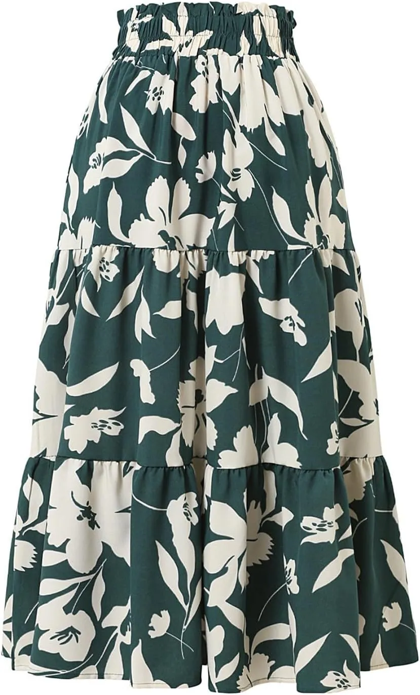 Floral Long Skirts for Women Summer Boho Beach Flowy Maxi Skirts Drawstring High Waisted Tiered Pleated A Line Skirt