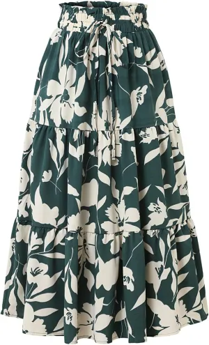 Floral Long Skirts for Women Summer Boho Beach Flowy Maxi Skirts Drawstring High Waisted Tiered Pleated A Line Skirt