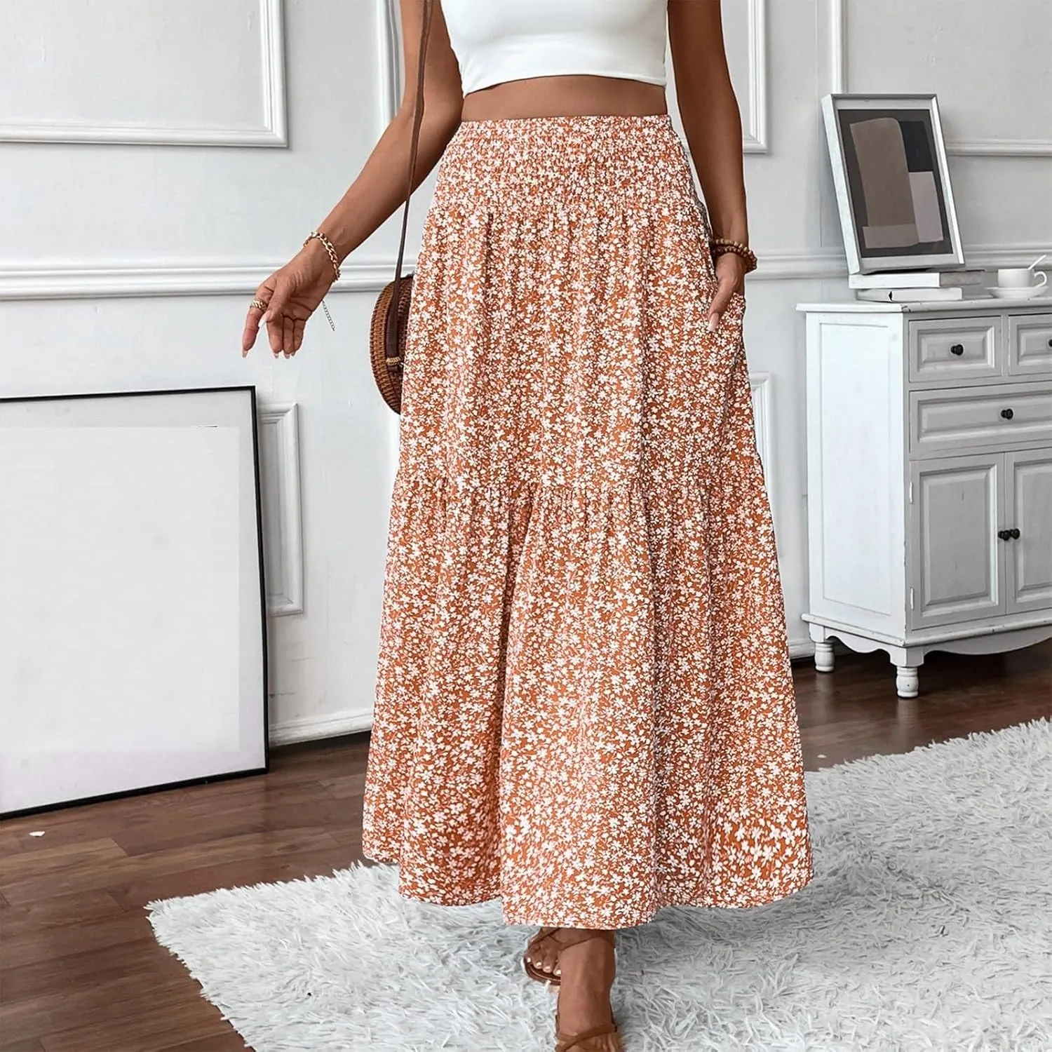 Floral Maxi Skirt for Women Boho A-Line Flowy Swing Long Skirts Elastic High Waisted Comfy Summer Vacation Skirts