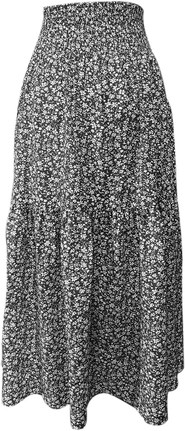 Floral Maxi Skirt for Women Boho A-Line Flowy Swing Long Skirts Elastic High Waisted Comfy Summer Vacation Skirts