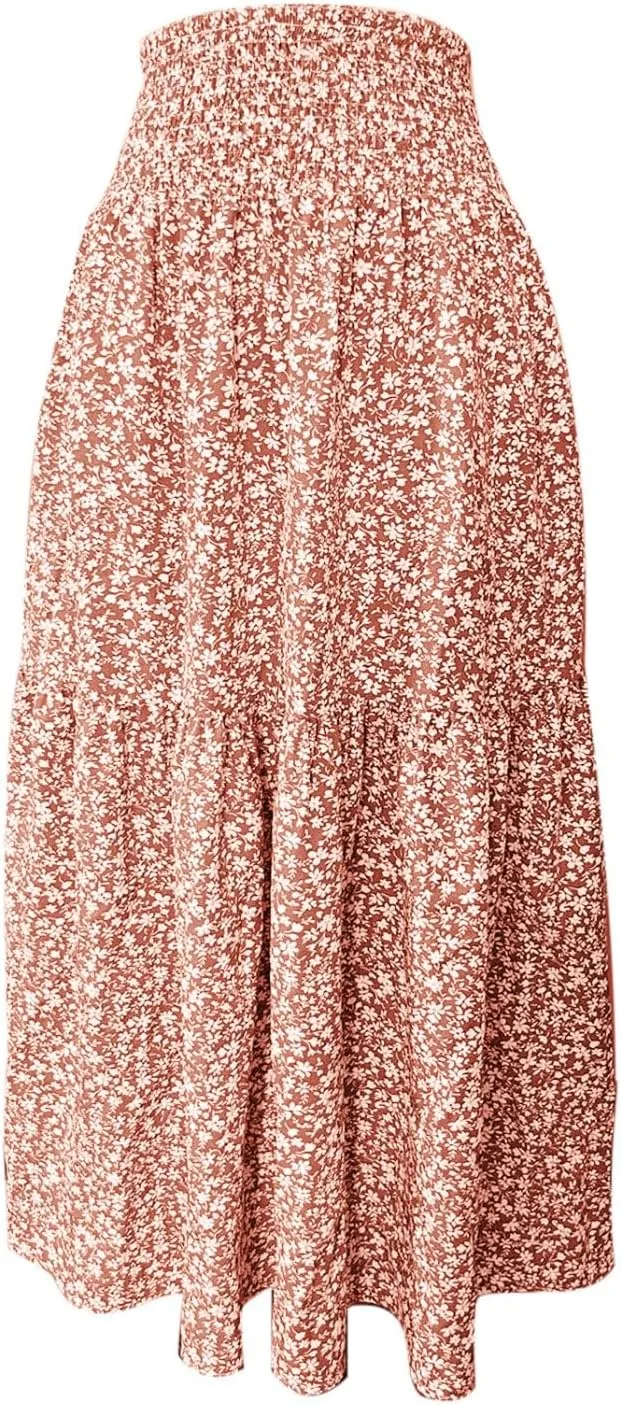 Floral Maxi Skirt for Women Boho A-Line Flowy Swing Long Skirts Elastic High Waisted Comfy Summer Vacation Skirts
