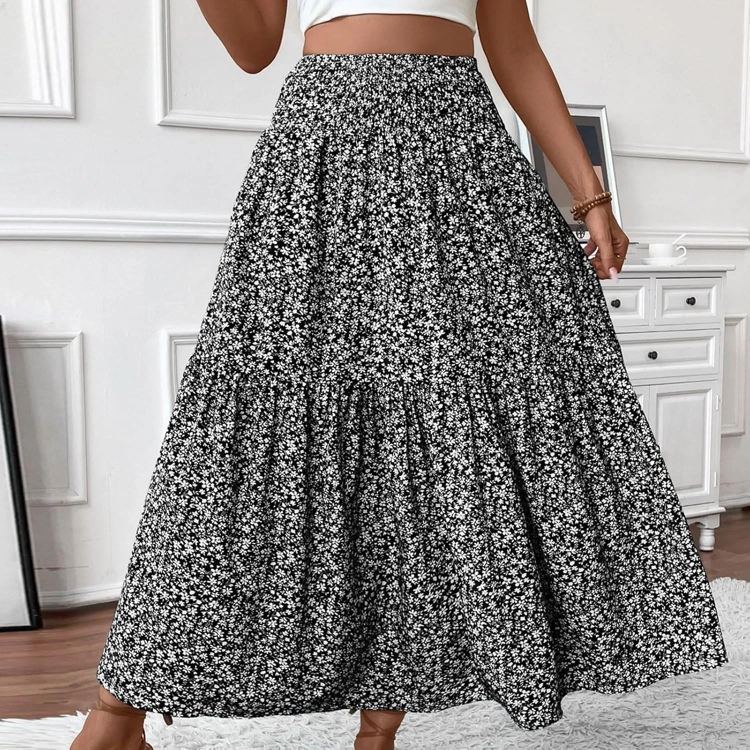 Floral Maxi Skirt for Women Boho A-Line Flowy Swing Long Skirts Elastic High Waisted Comfy Summer Vacation Skirts