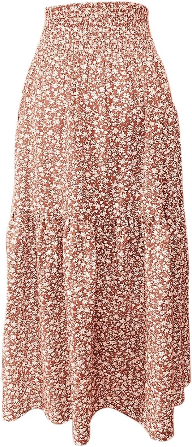 Floral Maxi Skirt for Women Boho A-Line Flowy Swing Long Skirts Elastic High Waisted Comfy Summer Vacation Skirts