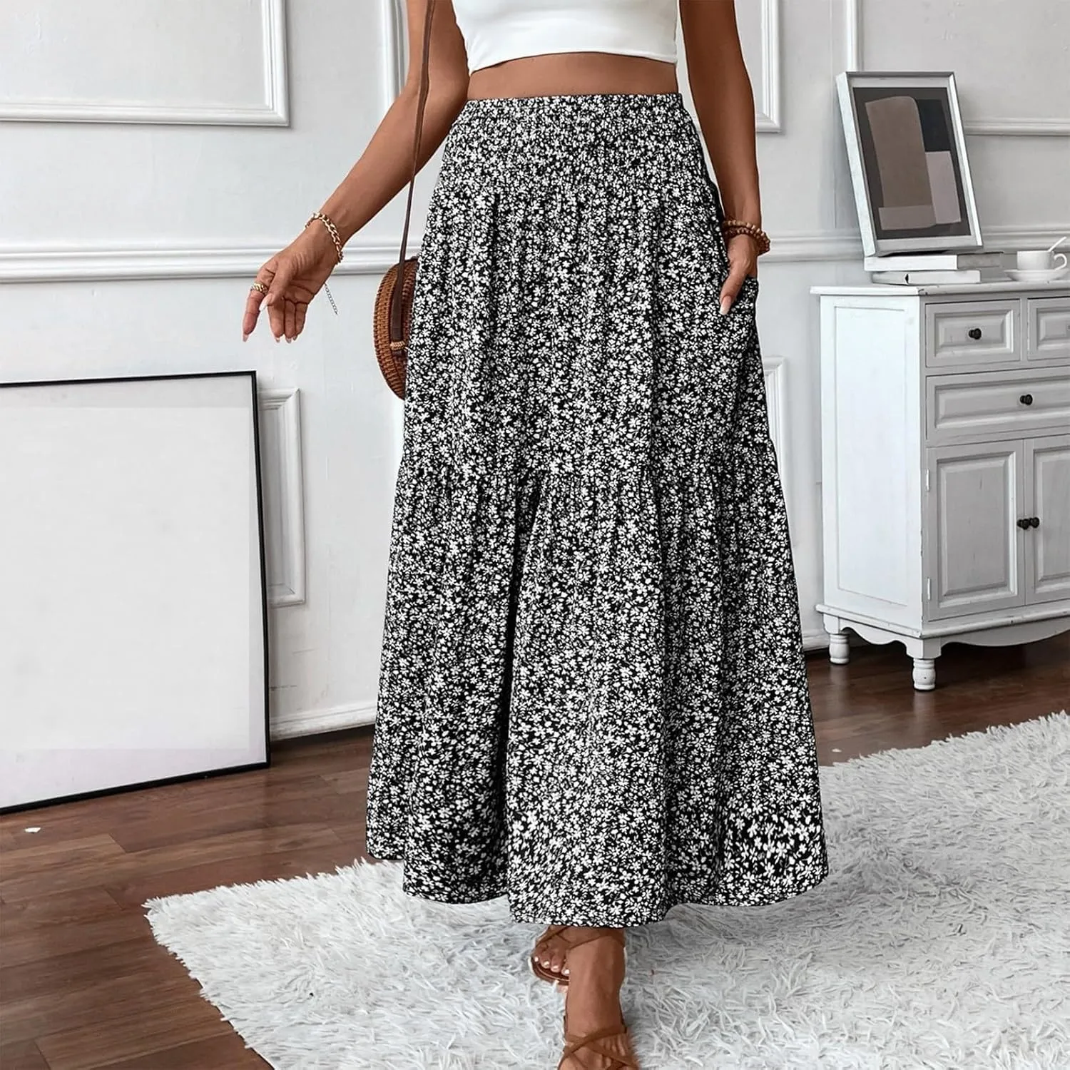Floral Maxi Skirt for Women Boho A-Line Flowy Swing Long Skirts Elastic High Waisted Comfy Summer Vacation Skirts