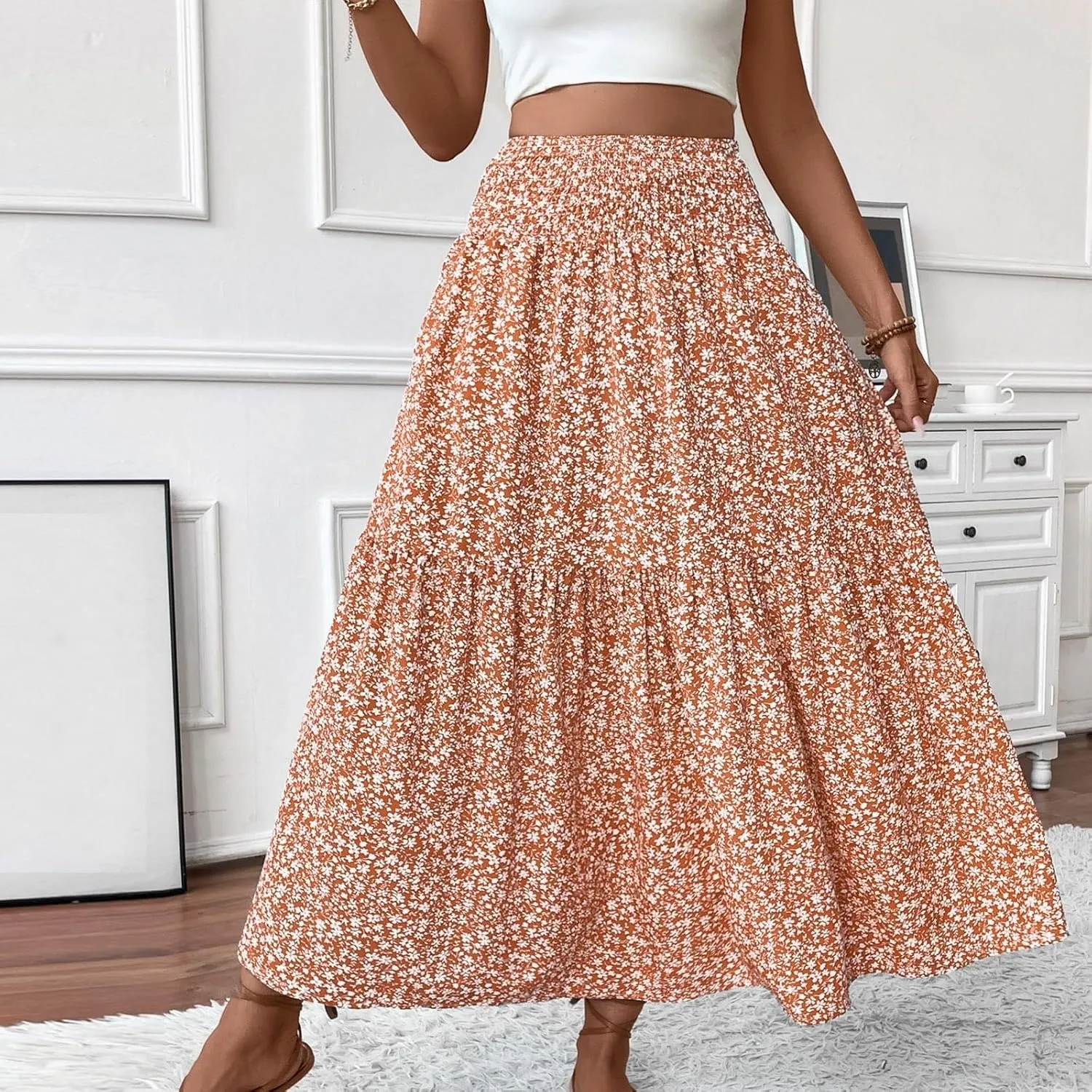 Floral Maxi Skirt for Women Boho A-Line Flowy Swing Long Skirts Elastic High Waisted Comfy Summer Vacation Skirts