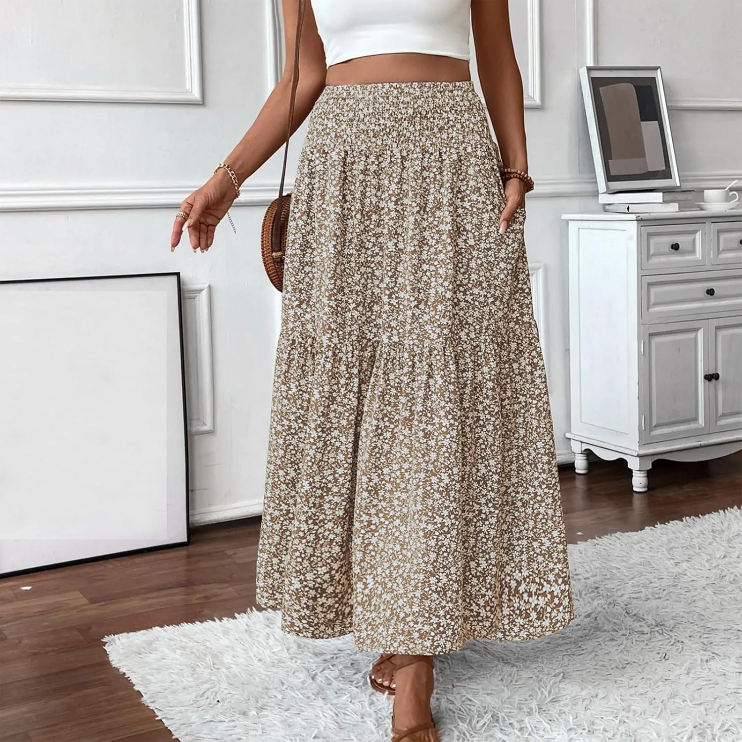 Floral Maxi Skirts for Women Trendy Summer High Waisted Long Skirts Elastic Waist Boho Beach A Line Skirt Cover Up