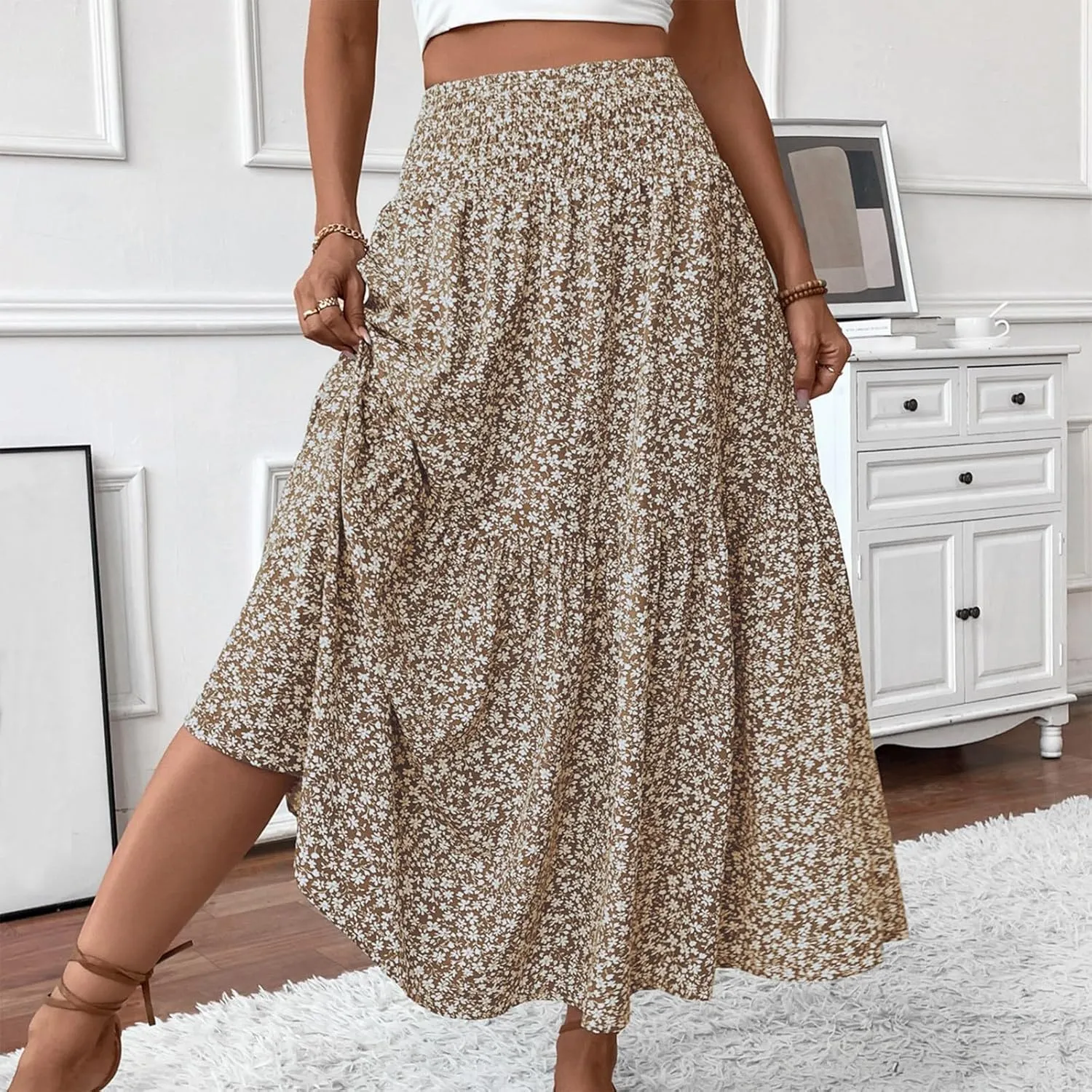 Floral Maxi Skirts for Women Trendy Summer High Waisted Long Skirts Elastic Waist Boho Beach A Line Skirt Cover Up