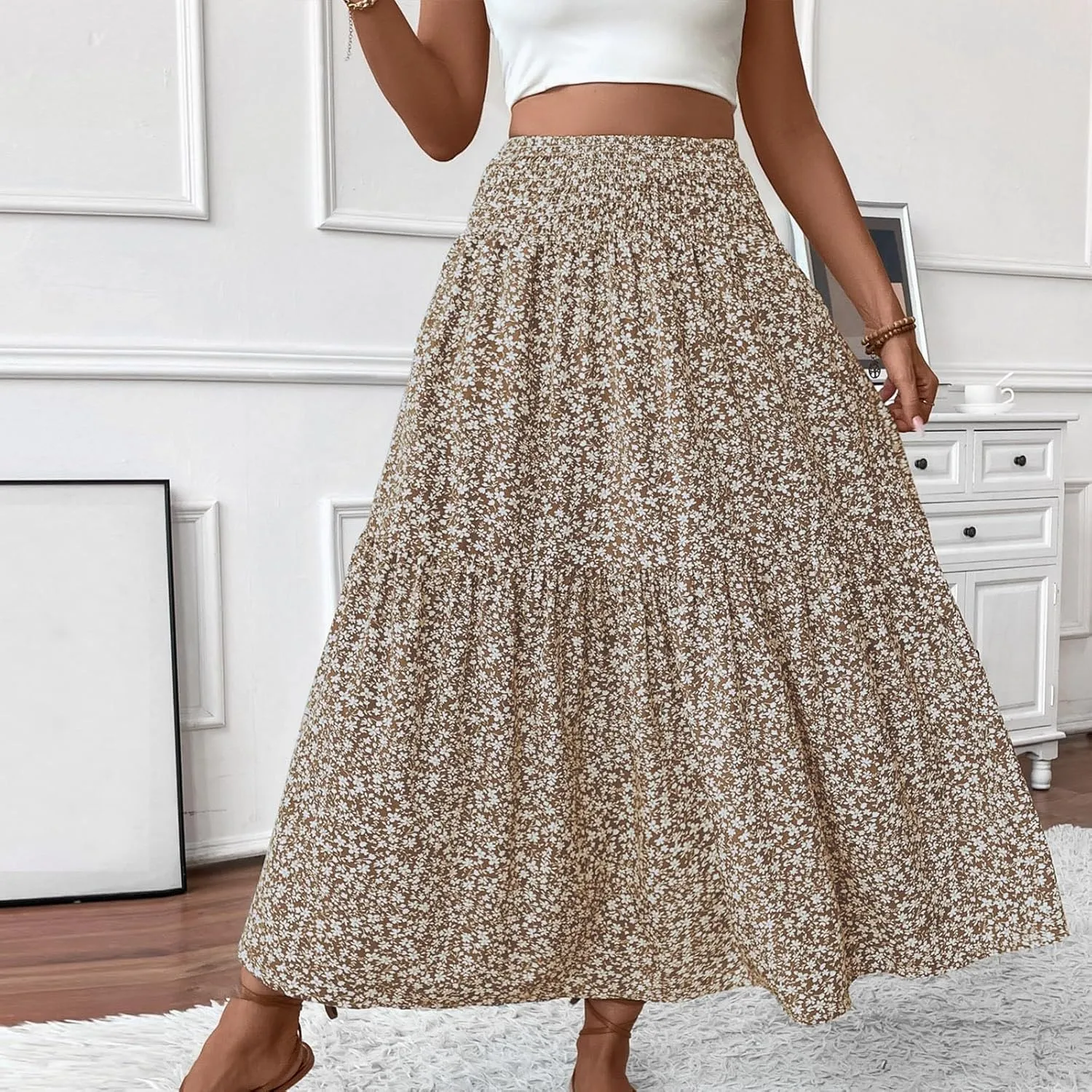 Floral Maxi Skirts for Women Trendy Summer High Waisted Long Skirts Elastic Waist Boho Beach A Line Skirt Cover Up
