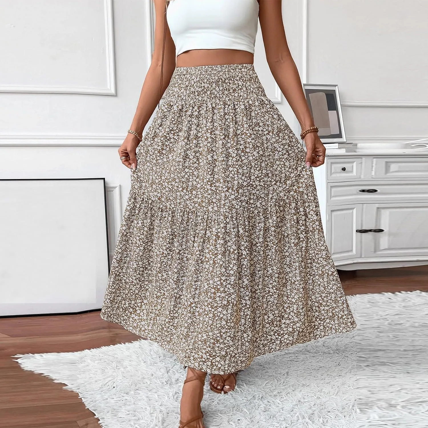 Floral Maxi Skirts for Women Trendy Summer High Waisted Long Skirts Elastic Waist Boho Beach A Line Skirt Cover Up