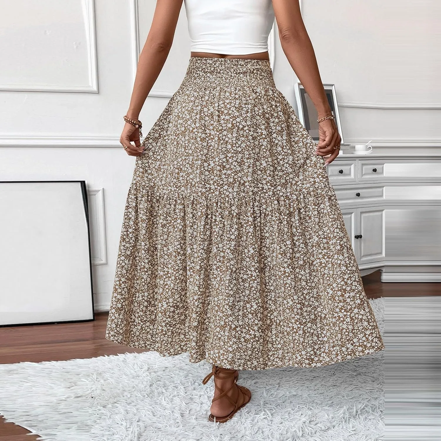 Floral Maxi Skirts for Women Trendy Summer High Waisted Long Skirts Elastic Waist Boho Beach A Line Skirt Cover Up