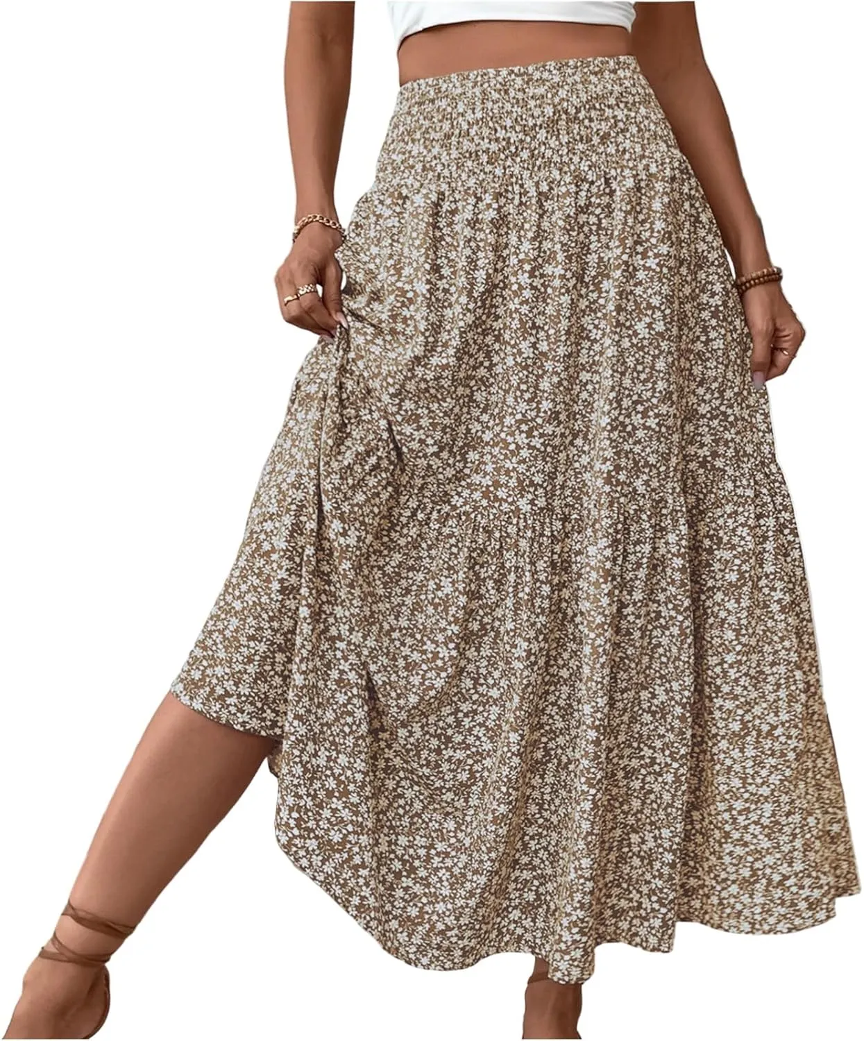 Floral Maxi Skirts for Women Trendy Summer High Waisted Long Skirts Elastic Waist Boho Beach A Line Skirt Cover Up