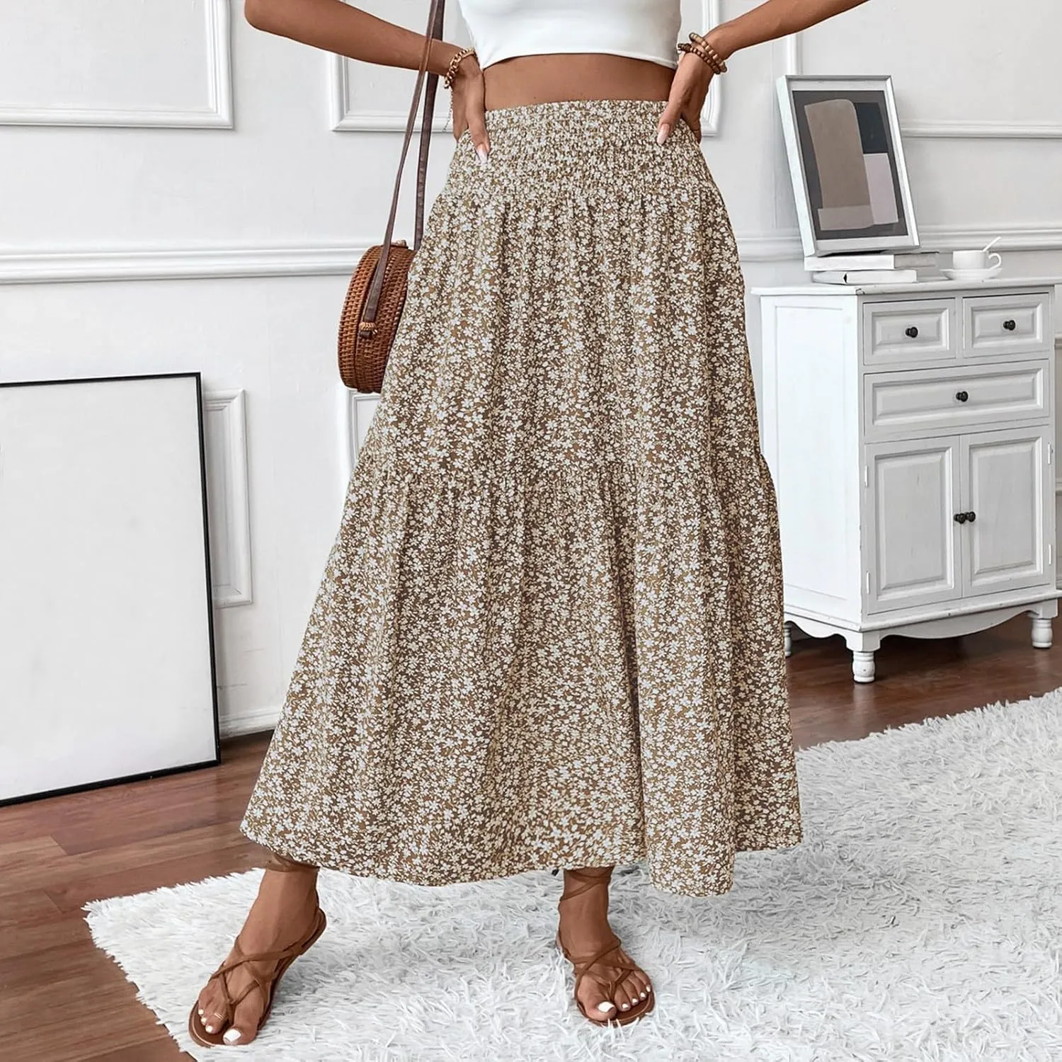 Floral Maxi Skirts for Women Trendy Summer High Waisted Long Skirts Elastic Waist Boho Beach A Line Skirt Cover Up