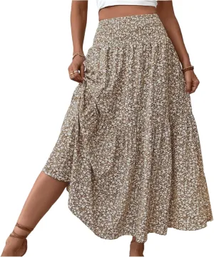 Floral Maxi Skirts for Women Trendy Summer High Waisted Long Skirts Elastic Waist Boho Beach A Line Skirt Cover Up